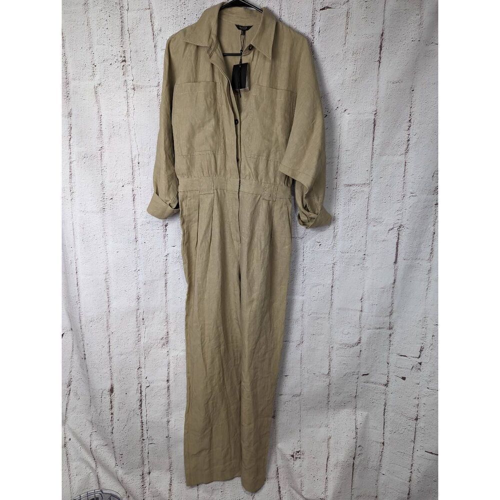 Massimo Dutti Tan 100% Linen Long Sleeve‎ Jumpsuit Size S Small NWT
